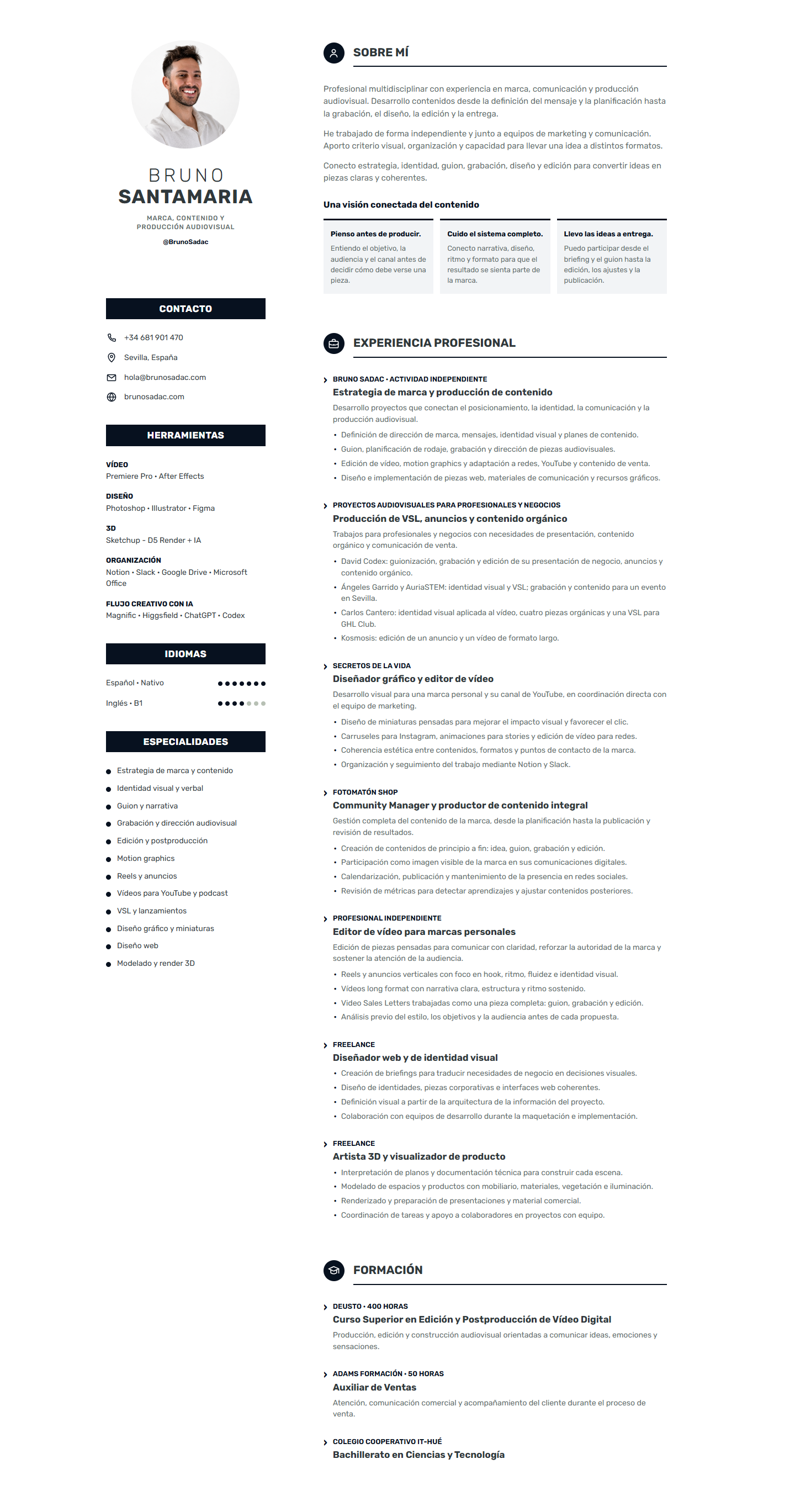 Currículum de Bruno Santamaria: experiencia, herramientas, especialidades y formación